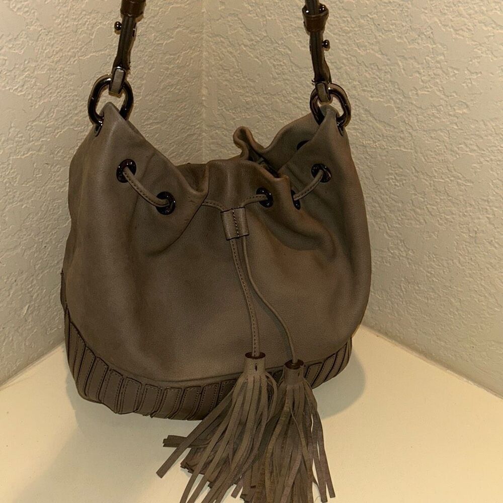 Anya Hindmarch Taupe Brown Leather Bucket Bag Tassel Fringe Purse Boho Western
